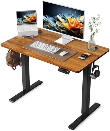 YIHAYO Electric Standing Desk, 40 x 24 Inches Stand Up Desk with Splice Board, Adjustable Height Desk, Computer Desk for Home Office, Black Frame/Rustic Brown Top by YIHAYO