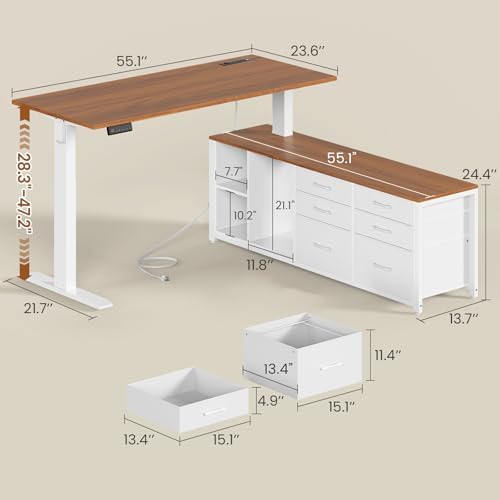 SEDETA L Shaped Electric Standing Desk, 55" x 55" Height Adjustable Office Executive Desk with 6 Fabric Drawers and Storage Shelves, Sit Stand Computer Desk with Power Outlet (White + Brown) - Image 3
