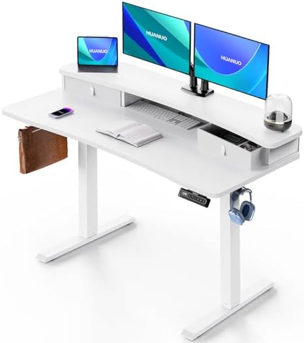 HUANUO 48″ x 24″ Electric Standing Desk with 2 Drawers, C-Clamp Mount Compatible, Height Adjustable Computer Desk, Home Office Stand Up Desk with 4 Preset Heights & 2 Hooks, White by HUANUO