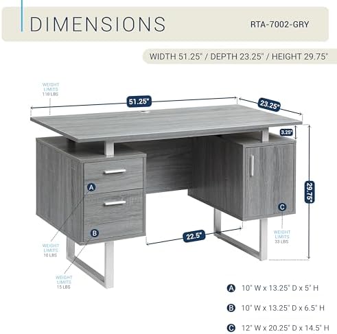 Techni Mobili Office Desk with Storage Drawers and Cabinet 51.25” W - Modern Office Desk with Large Floating Desktop Surface - Image 3