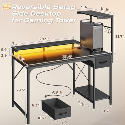 PRAISUN 39.4 Inch Gaming Desk with LED Lights & Power Outlets - Image 3