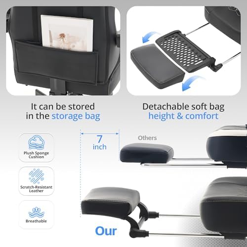 Desk Computer Gaming Chair - Ergonomic Game Office Chair with Extended Footrest and Massage Lumbar Support, Home Gamer Video Game Chairs with Spring Cushion for Adults (Pro Black Leather) - Image 4