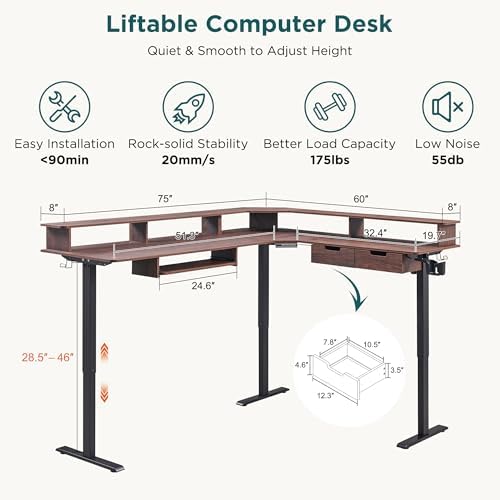 RedLemon 75X60 Inches L Shaped Electric Standing Desk, Height Adjustable Corner Gaming Desk with Drawers, Keyboard Tray, Power Outlets & LED Lights, Computer Desk with Monitor Shelf, Dark Walnut - Image 2