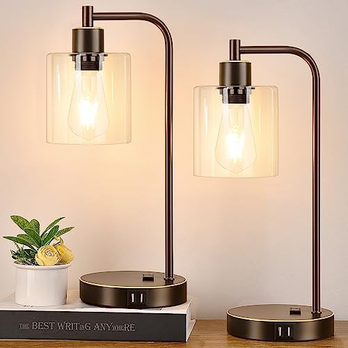 Industrial Touch Table Lamps Set of 2 - Bedside Lamps with 2 USB Ports & AC Outlet, 3-Way Dimmable Nightstand Desk Lamp for Bedroom Living Room, Glass Shade & 2 LED Bulbs Included - Oil-Rubbed Bronze by Nintiue