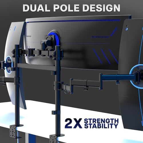 VIVO Clamp-on Dual Pole Triple Monitor Desk Mount for 1 Center Utrawide up to 49 inches and 59.4 lbs, 2 Side Screens up to 38 inches and 17.6 lbs, Low Profile Adjustable Stand, Black, STAND-V300CU - Image 4