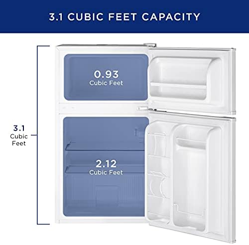 GE Mini Fridge With Freezer | 3.1 Cubic Ft. | Double-Door Design With Glass Shelves, Crisper Drawer & Spacious Freezer | Small Refrigerator Perfect for the Garage, Dorm Room, or Bedroom | White - Image 2