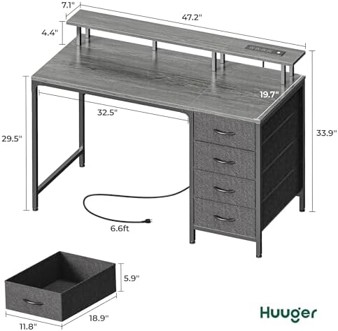 Huuger 47 Inch Computer Desk with Power Outlets and LED Lights, Gaming Desk with 4 Drawers, Office Desk with Monitor Stand, Study Desk Work Desk for Home Office, Small Spaces, Gray - Image 2