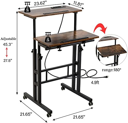 Hadulcet Mobile Standing Desk with Wheels, Rolling Desk Adjustable Height, Portable Laptop Table with Charging Station, Sit Stand up for Home Office, Study, Classroom, Rustic Brown - Image 2