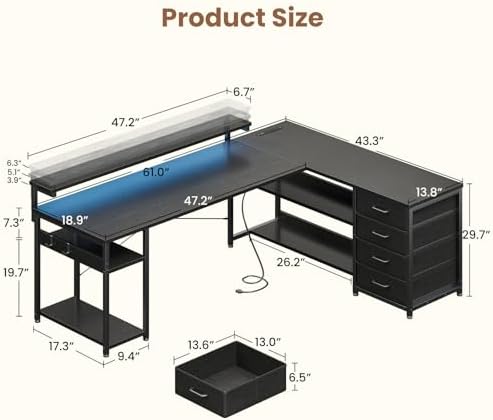 AODK 61 Inch L Shaped Computer Desk with 4 Drawers, LED Lights, Black - Image 3