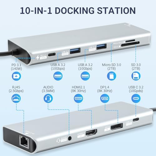 10-in-1 USB C Docking Station, 140W PD3.1, 8K HDMI 2.1, DP1.4, 2.5G Ethernet, USB 3.2 10Gbps, SD/TF, Audio Jack, Dual 4K@60Hz Display Hub for MacBook, Windows, Steam Deck, Switch (UC-U4) - Image 5