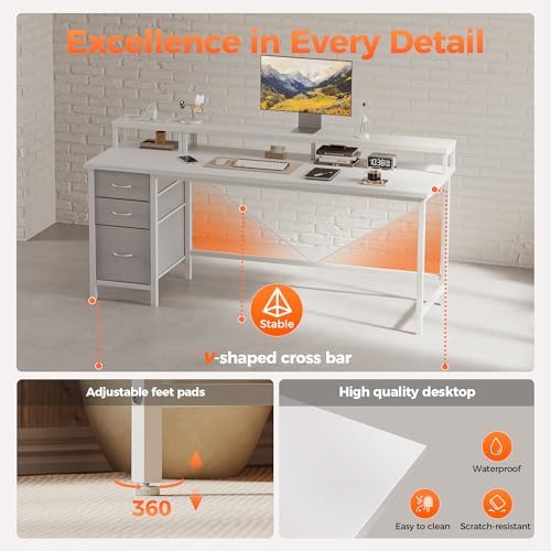 Mericonia 63 inch Computer Desk with Drawers, Reversible Gaming Desk, White - Image 6