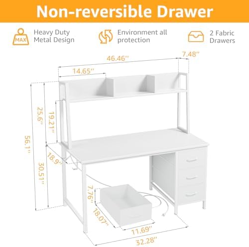 DLisiting White Computer Desk with Hutch & Drawers - 47 Inch Modern Study Writing Office Desk with 3 Storage Drawers and Power Outlets for Bedroom Home Office - Image 3