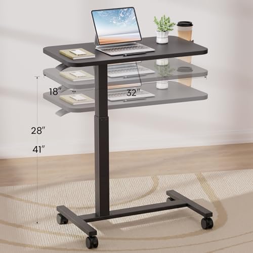 GTPLAYER Small Standing Desk with Lockable Wheels, Pneumatic Mobile Rolling Laptop Desk,Adjustable Height Overbed Bedside Table Computer Workstation for Home Office (32" W x 18" D, Black) - Image 3