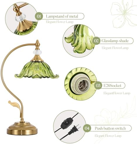 Vintage Floral Table Lamp, Plug in Mid-Century Modern Desk Lamp with Green Glass Shade, Gold Bedside Table Lamp Dimmable for Bedroom Living Room Home Office, E26 Base, UL Listed - Image 4