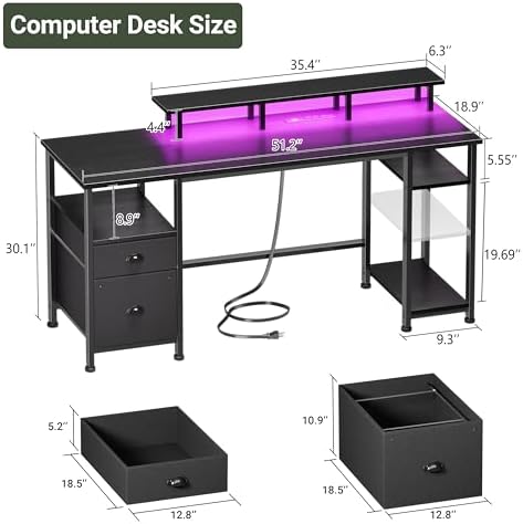 Furologee 51" Gaming Desk with Power Outlets & LED Lights, Reversible Computer Desk with File Cabinet & Monitor Stand for Home Office, Large Work Table with Storage Shelves & Drawer, Black - Image 2