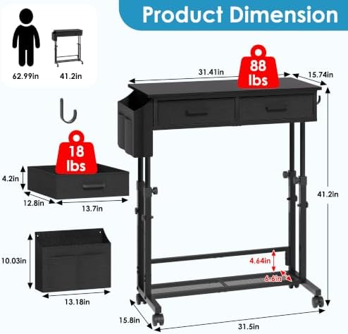 Small Standing Desk with Storage, Height Adjustable Sit Stand Desk with Drawers, Mobile Office Desk with Wheels and Side Pocket, Adjustable Laptop Workstation for Home Office - Image 2
