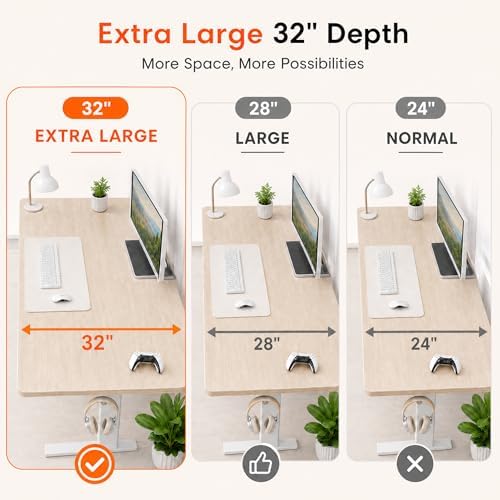 Grandder 47x32 Large Electric Standing Desk, Height Adjustable Computer Desk with 2 Memory Presets, 31.5" Deep Desktop Sit Stand Desk Home Office Desk Workstation Table with Hooks, Light Walnut - Image 6