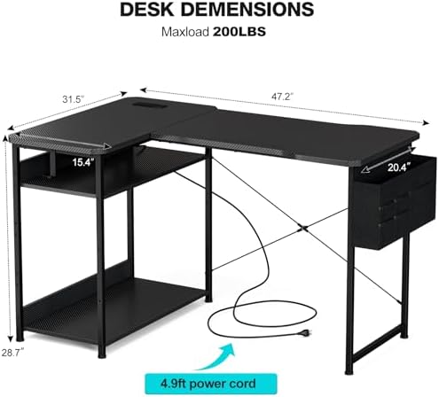 Acrolix L Shaped Gaming Desk 48 Inch - Computer Corner Desk with Power Outlets, Reversible Shelves & Storage Bag for Home Office, PC Gaming Table, Black Carbon - Image 3