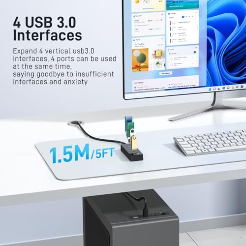 4 Port USB 3.0 Hub 5FT Long Cable, USB Extension Data Cable USB Dock Extender for Desktop PC Laptop, 5Gbps with 5V USB-C Power Supply - Image 2