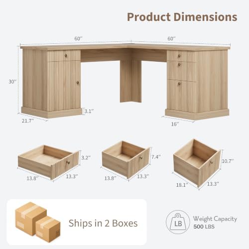 Garvee 60" Fluted L Shaped Desk with File Drawer, Corner Desk with Storage - Image 2