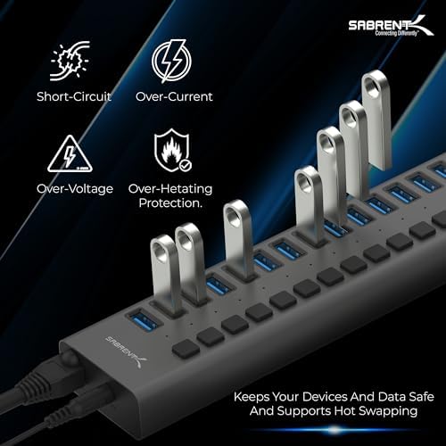 SABRENT 16-Port Powered USB 3.0 Type-A Data Hub & Charger, 90W (HB-PU16) - Image 2