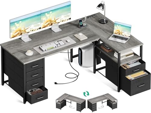 Coleshome 55 Inch L Shaped Office Desk with 6 Drawers, Power Outlet, Grey by Coleshome