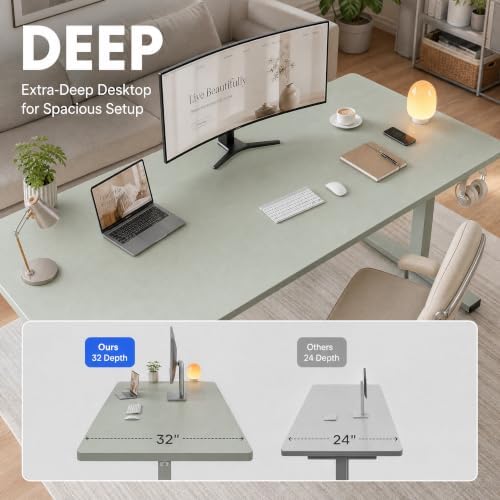Grandder 55x32 Extra-Deep Electric Standing Desk, Wide Desktop Fits 49" Ultrawide Monitor Dual Screens, 176lbs Capacity, 2 Memory Presets, Anti Collision, Computer Desk for Home Office&Gaming, Green - Image 4