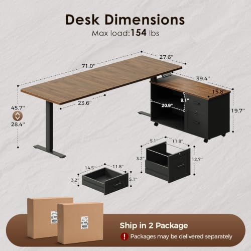 OffiGo 71" L Shaped Electric Standing Desk with Cabinet Sets, Walnut/Black - Image 2