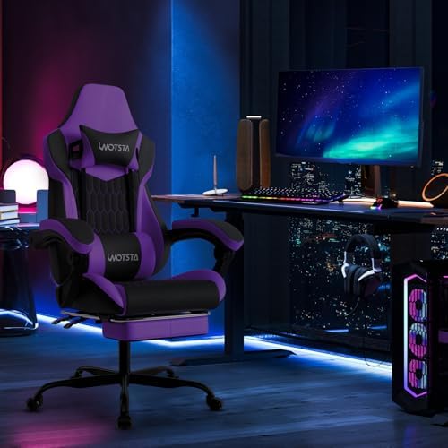 Gaming Chair with Footrest, High Back Gaming Chairs PVC Leather Ergonomic Gamer Chair with Adjustable Headrest Lumbar Support Racing Style Video Gaming Chair for Office/Home (Purple) - Image 2