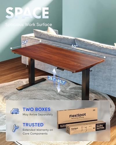 FLEXISPOT EN1 One-Piece Standing Desk, Electric Adjustable with 4 Memory Presets, 176 LBS Capacity, Stable & Quiet, Seamless Desktop for Home Office & Dual Monitors, 60"x24" Mahogany - Image 5