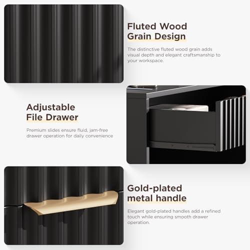 Vabches Fluted Computer Desk with Power Outlets, Home Office Desk with Drawers, Printer Stand, Wood Computer Desk with Long Monitor Stand, Black - Image 3