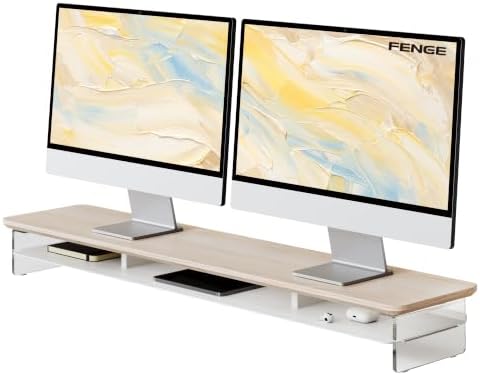 Fenge 42.5" Dual Monitor Stand with Clear Acrylic Legs, Oak by Fenge