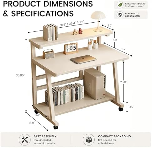 47.2 Inch Compact Rolling Computer Desk with Tier Worktable & Lockable Wheels, Small Computer Desk, Small Desk for Bedroom, Mobile Writing Workstation Easy Assembly for Home Office Small Spaces - Image 3