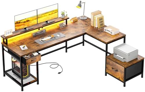 DurayLoly 63" L Shaped Desk with 2 Drawers and Printer Stand,Bedroom,Brown by Durayloly