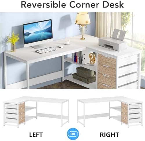 Tribesigns L Shaped Computer Desk with Storage Drawers, 59 inch Corner Desk with Shelves, Reversible L-Shaped Office Desk Study Writing Table Workstation for Home Office, White - Image 6