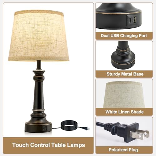 EJIAXIN Touch Lamps for Nightstand Set of 2 - Black Table Lamp for Bedroom Dimmable Bedside Lamp with USB C+A Ports - Lamps for Night Stands Living Room End Table,2 LED Bulbs Included - Image 6