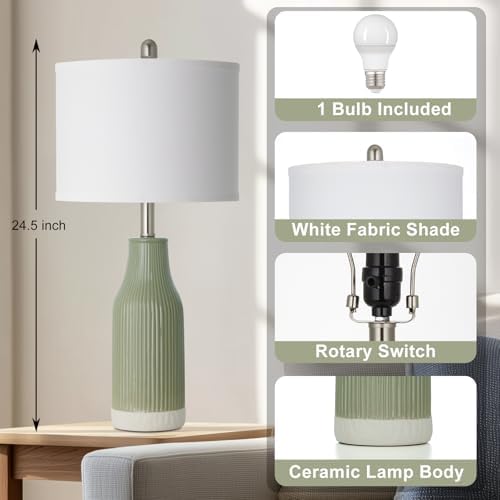 24.5" Ceramic Table Lamp for Bedroom, Sage Green Table Lamp for Living Room End Table, Small Farmhouse Bedside Lamp for Nightstand (1 Pack) - Image 2