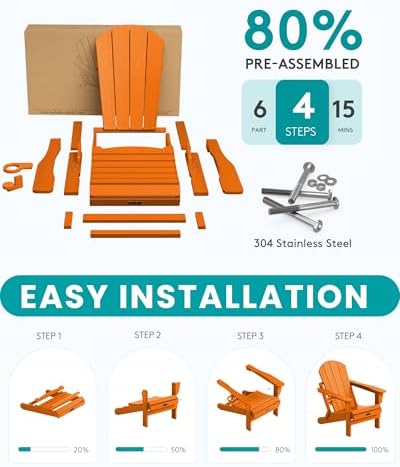 SERWALL Folding Adirondack Chairs with Cup Holder, Fire Pit Chair -Orange - Image 5