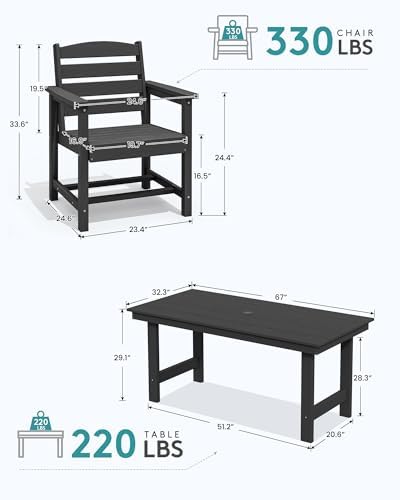 SERWALL HDPE Dining Set with Umbrella, Outdoor Dining Set for 6, Black - Image 3