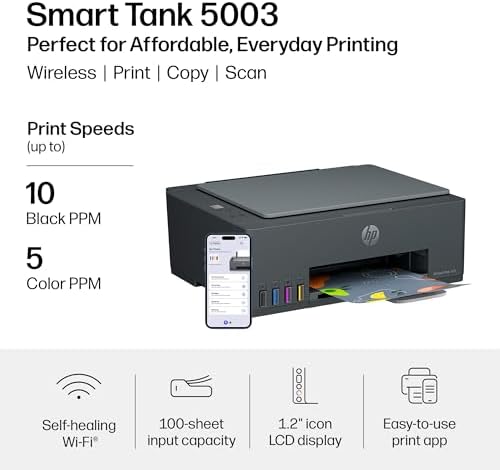 HP Smart Tank 5003 Wireless All-in-One Ink Tank Printer, Scanner, Copier with up to 3 Years of Ink Included, Best-for-Home, Cartridge-Free Refillable, AI-Capable (D06BKA) - Image 3