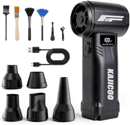 Compressed Air Duster, 150000RPM Super Power Electric Air Duster, 4-Speed Rechargeable Cordless Mini Air Blower, Type-C Charging, 5 Nozzles & 6 Brushes for PC, Keyboard, Car, Home, Outdoor by KAJICOO
