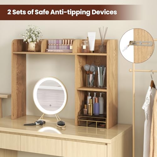 LDAILY Desktop Shelf, Multipurpose Wood Desk Hutch for Max 27" Computer Monitor, Countertop Storage Hutch with 5 Shelves, 3 Tier Desktop Display Rack for Dorm Office Home (Natural) - Image 6