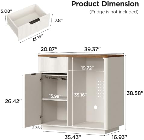 Mini Fridge Cabinet, Coffee Bar Cabinet with Fridge Space, Distressed White - Image 2