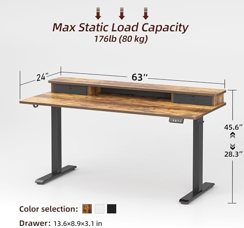 TIQLAB Standing Desk with Two Drawers, Stand Up Standing Desk Adjustable Height, Electric Sit Stand Table with Storage Shelf and Splice Board, 63 * 24 inch, Rustic Brown - Image 3