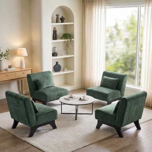 Upholstered Armless Accent Chair Set of 4,Modern Comfy Living Room Chairs with Wooden Legs& Pillows,Lounge Sofa Side Chair for Bedroom Farmhouse Reading (4PCS, Dark Green) by womina