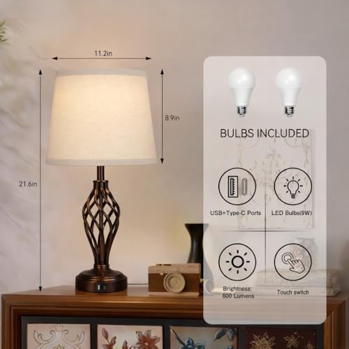 Ruiever Touch Table Lamps Set of 2, nightstand lamp with USB Ports Bedside 3 Way Touch dimmer Desk lamp for Living Room Bedroom,Brown Painted Spiral cage Base Design Warm White dimmer Bulbs Included. - Image 2