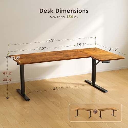 OffiGo 63 Inch Reversible L Shaped Electric Standing Desk, Rustic Brown - Image 3