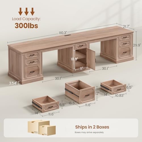 SEDETA Farmhouse 110.3" Two Person Desk with 7 Drawers, Long Computer Desk with Storage Cabinet, 2 Person Desk with Power Outlets for Home Office, Oak - Image 2