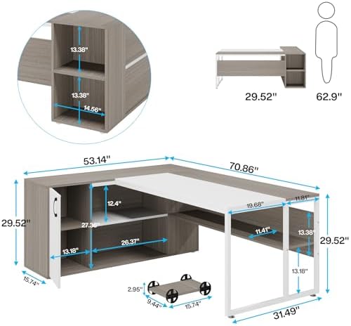 Tribesigns 71 inch Executive Desk, L Shaped Desk with Cabinet Storage, Executive Office Desk with Shelves, Business Furniture Set Workstation for Home Office, Gray and White - Image 2