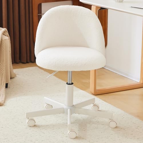 VINGLI Modern Vanity Chair with Back, Teddy Fleece Swivel Desk Chair for Girls, Adjustable Small Office Chair with Silent Wheels & Lumbar Support， Stylish and Comfortable, White by VINGLI